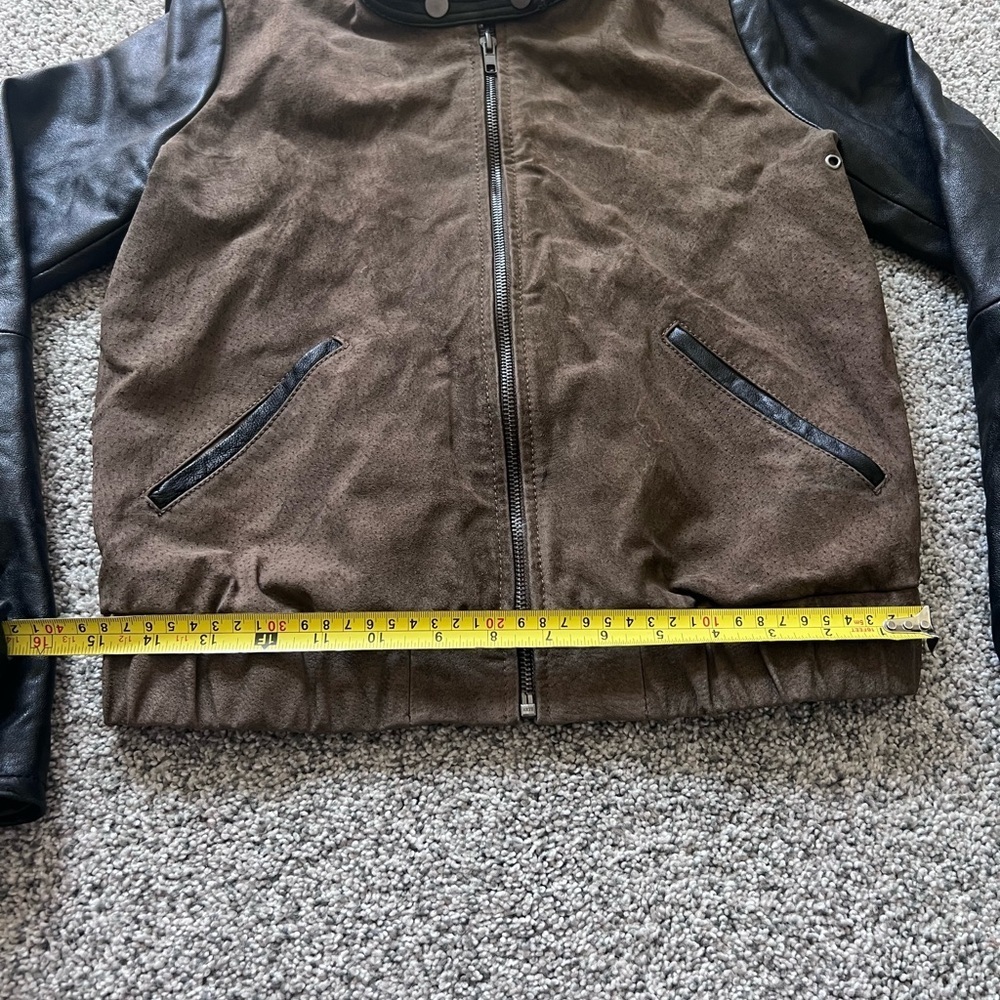 MANGO LEATHER BROWN Suede BLACK Colorblock WOMEN'S JACKET Zip up Bomber SIZE XS - Picture 7 of 15